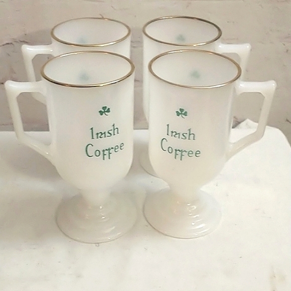 4 Vintage Irish Coffee Footed Milk Glass Mugs - Picture 4 of 7